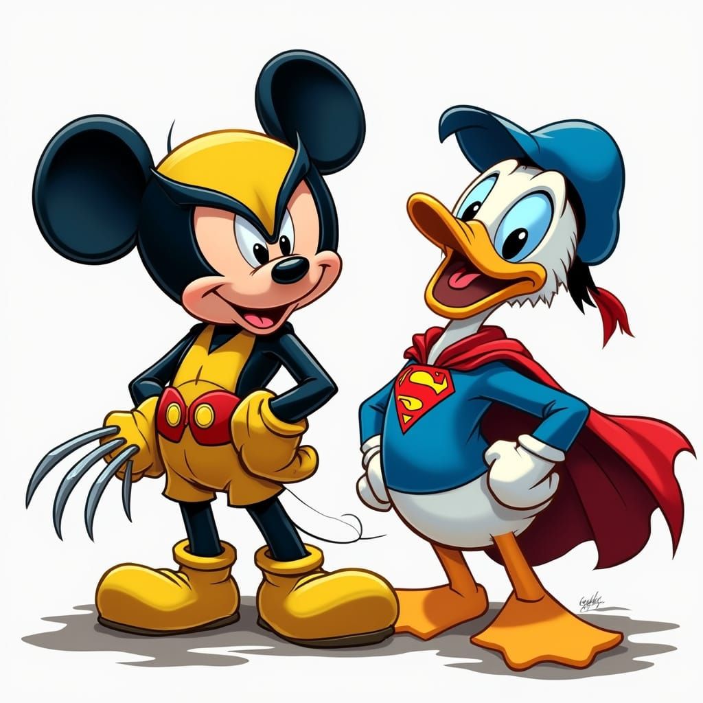Mickey Mouse as Wolverine and Donald Duck as Superman