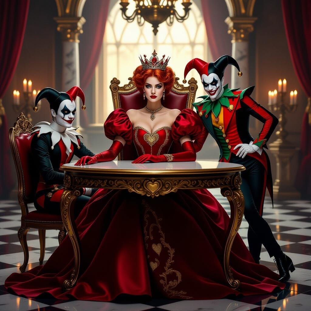 Queen of Hearts and Joker in Candlelit Throne Room
