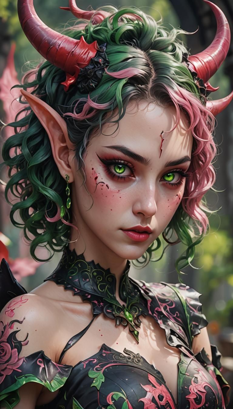 Colorful Demon Girl in Hyperrealistic Digital Art