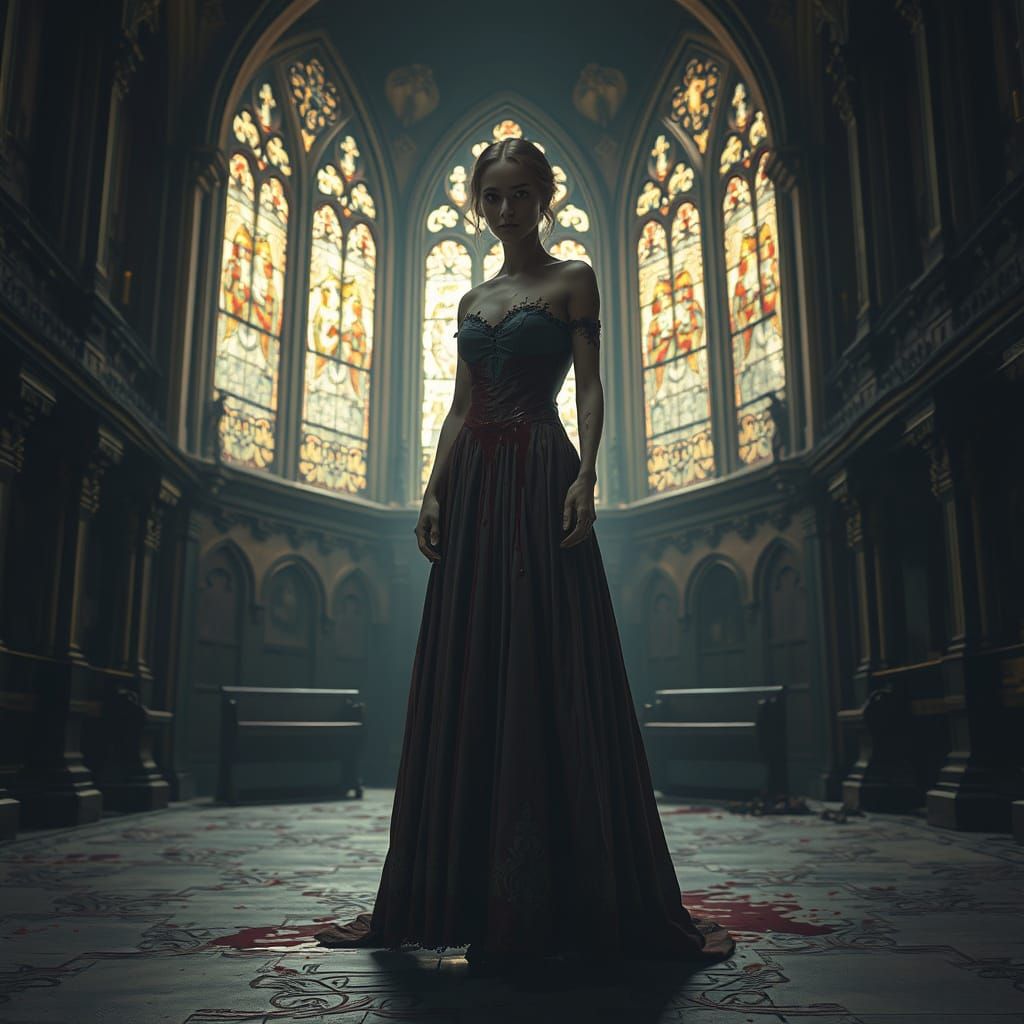 Woman in Blood-Stained Dress in Gothic Church