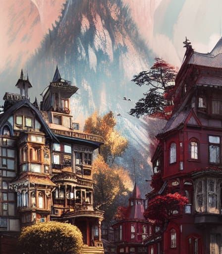 Victorian Mountain Village Painting in Miyazaki Style
