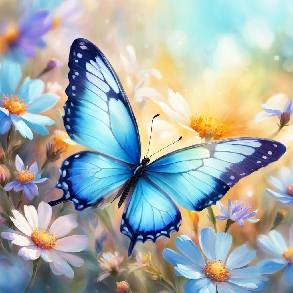 Blue Butterfly on Flower in Impressionistic Style