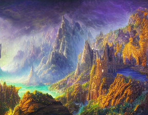 Wizard Overlooking Fantasy Realm with Crystal Mountains