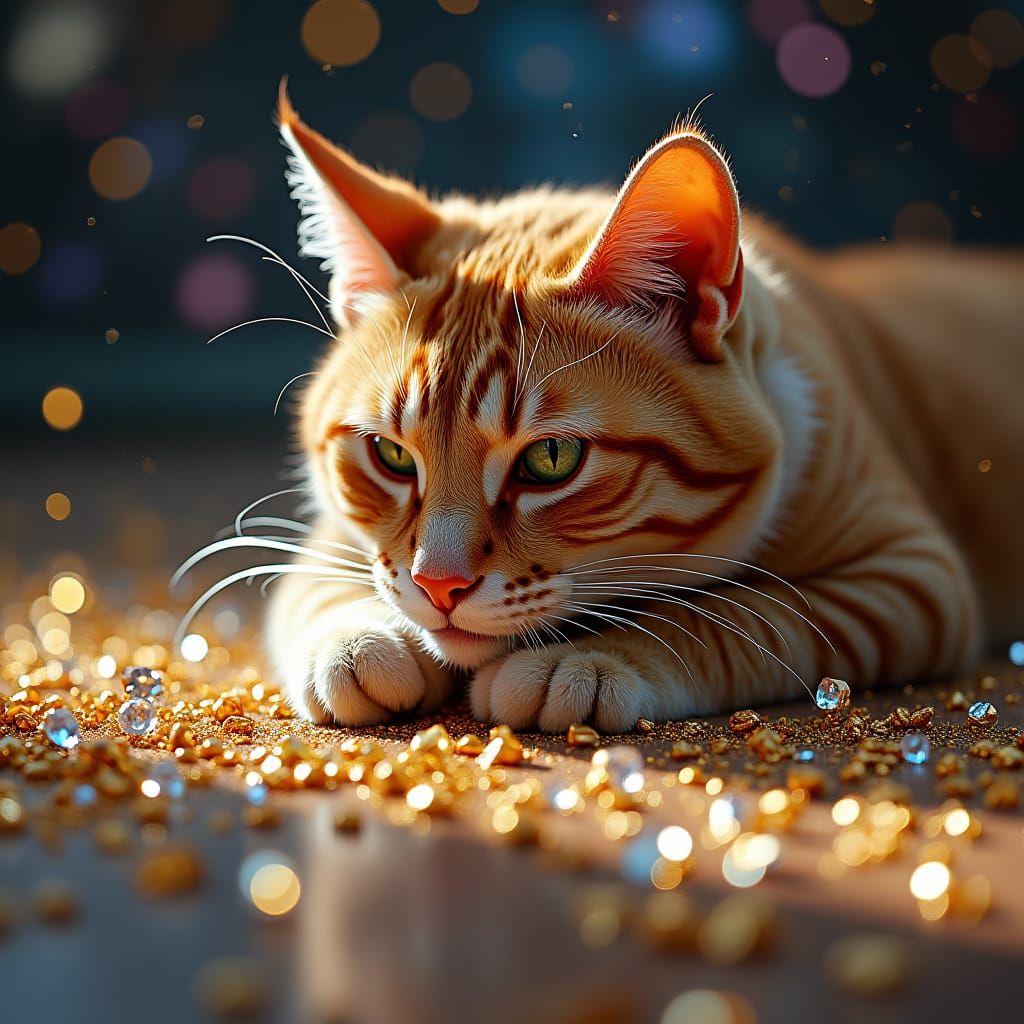 Celestial Cat Surrounded by Diamonds in Splash Art Style