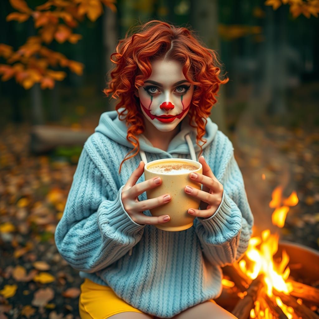 Clown Girl with Pumpkin Spice in Autumnal Forest