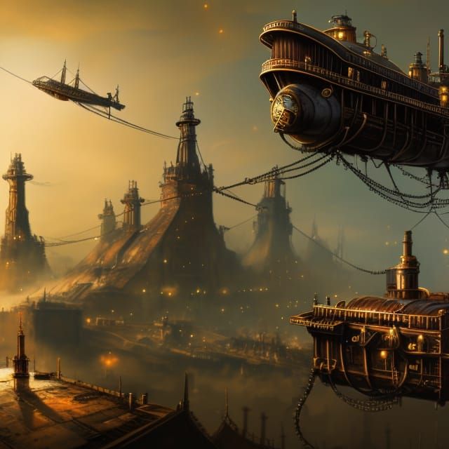 Steampunk City with Airships: Detailed Matte Painting