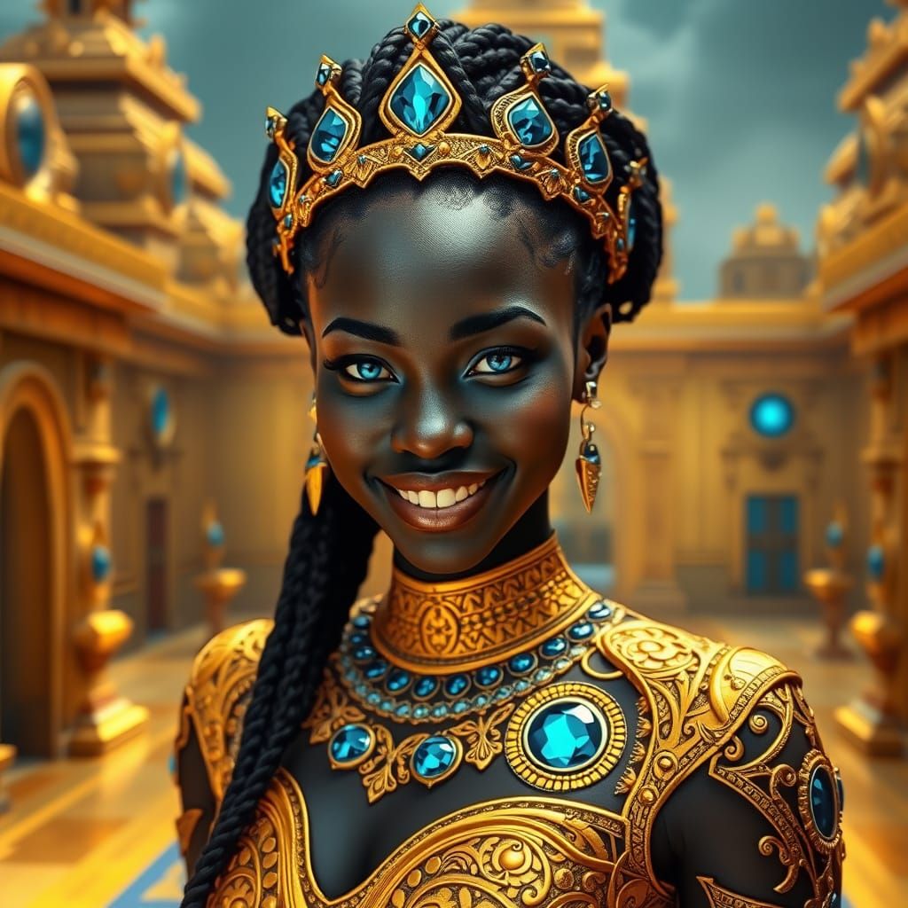 Futuristic African Queen in Golden Mayan-Buddhist City