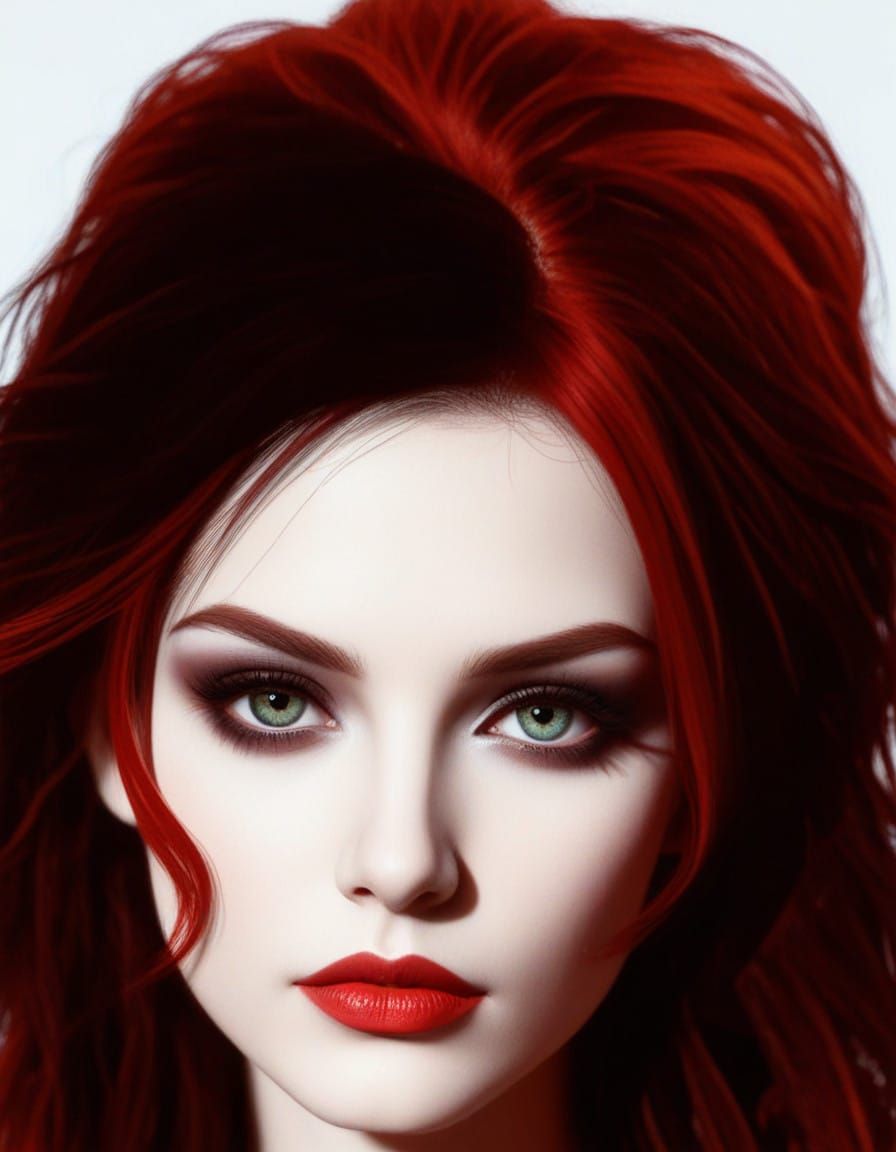 Stunning portrait magical female Gothic Mage with red hair and green eyes with red eyeshadow and red eyeliner and red li...