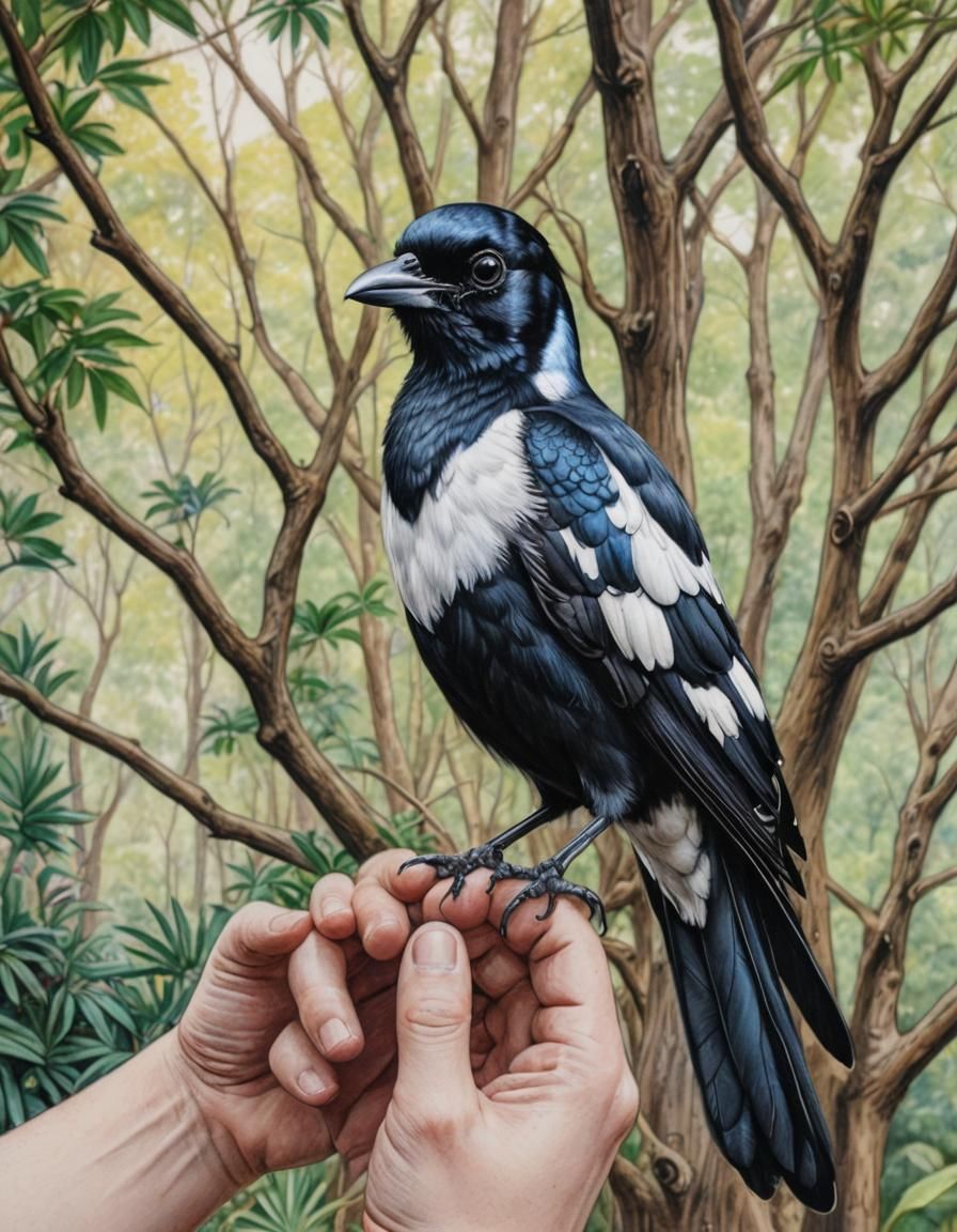 Magpie Perched on Hand: Colored Pencil Sketch