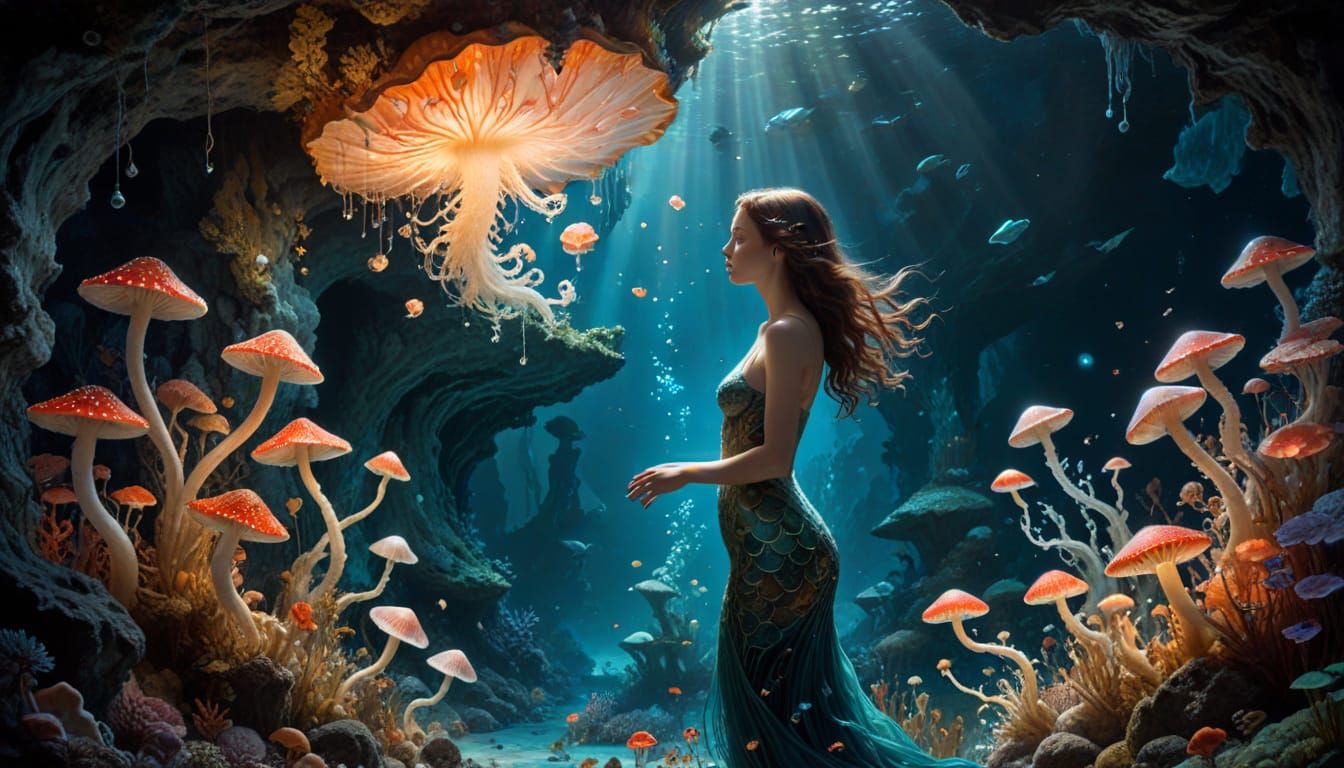Cosmic Mermaid Amidst Amanita Bloom in Bio-Art