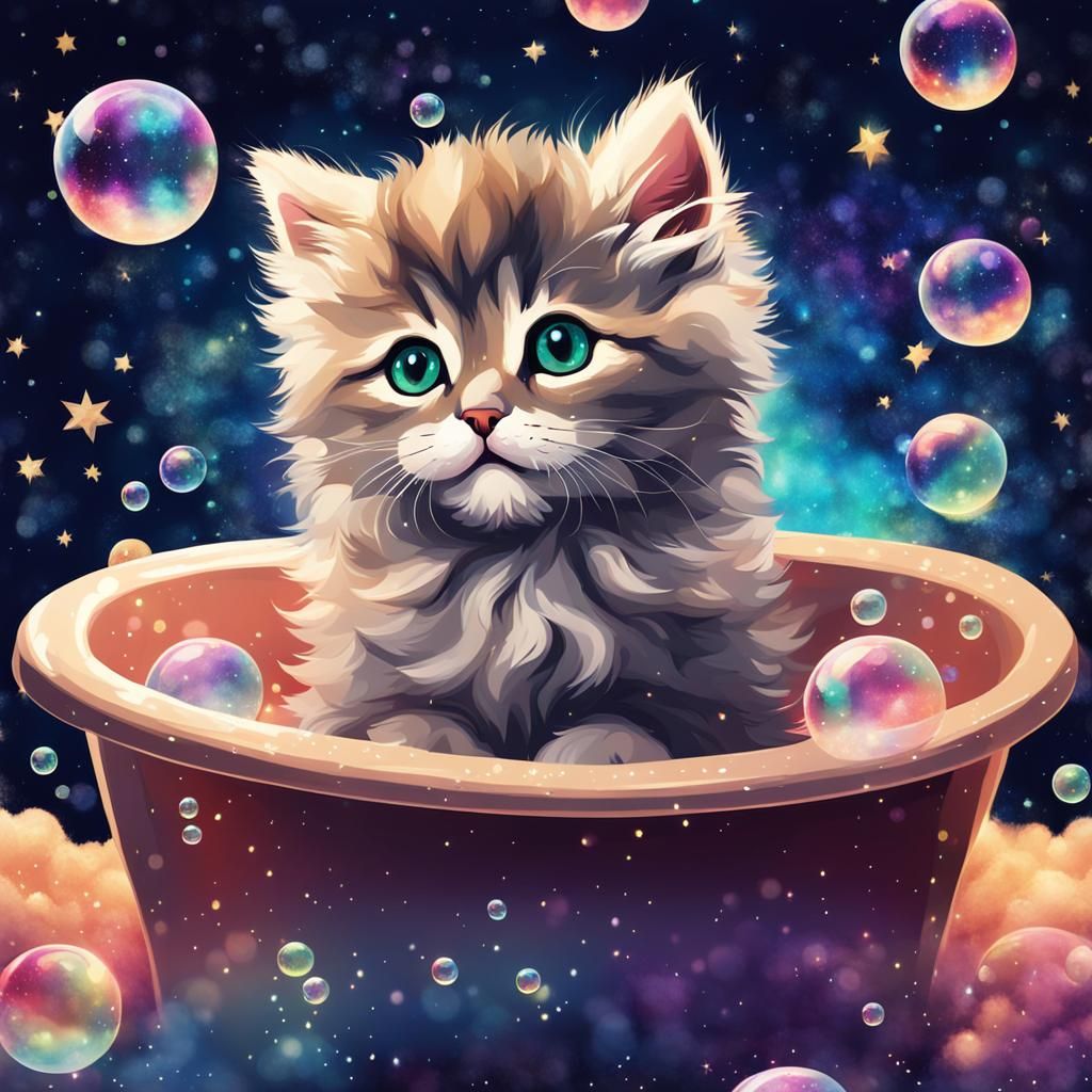 Cute Kitten's Starry Galaxy Bath Time