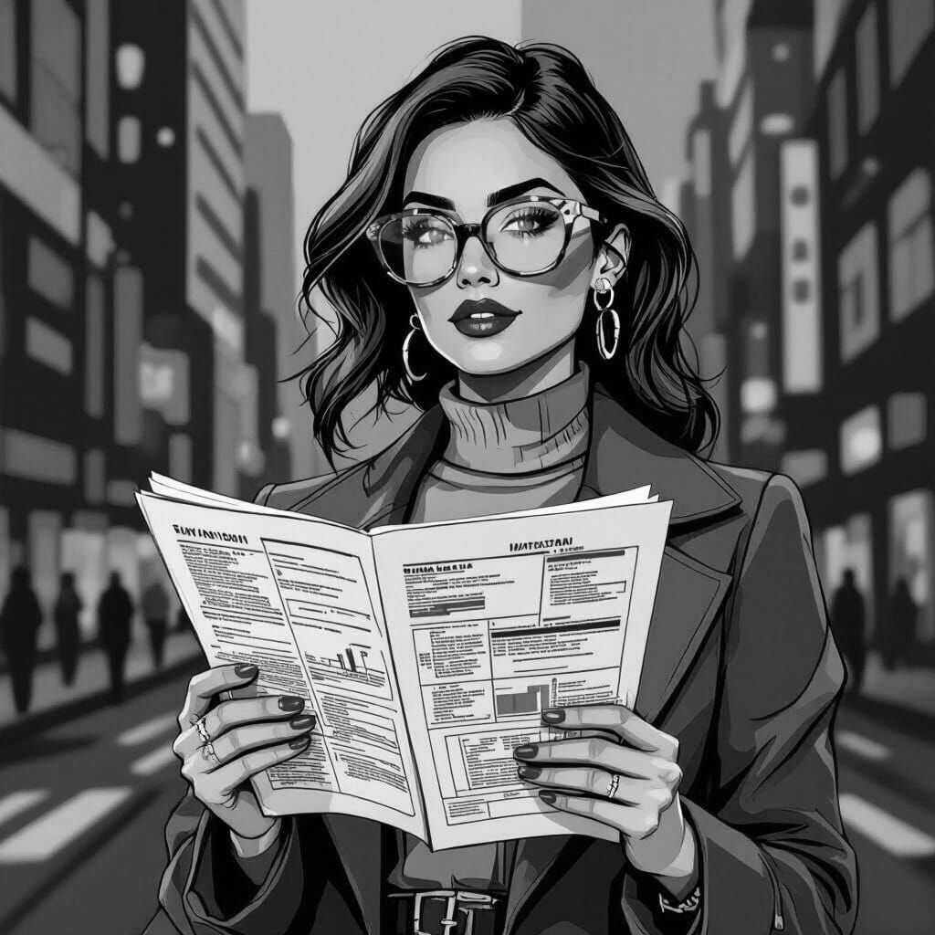 Pop Art Woman Reads Data Sheet in City