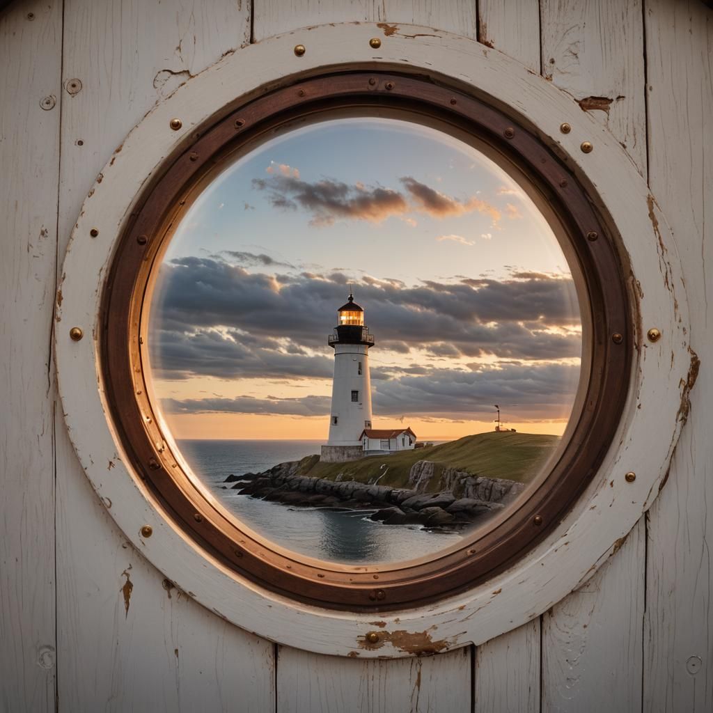 Lighthouse Porthole View: Golden Sea Landscape