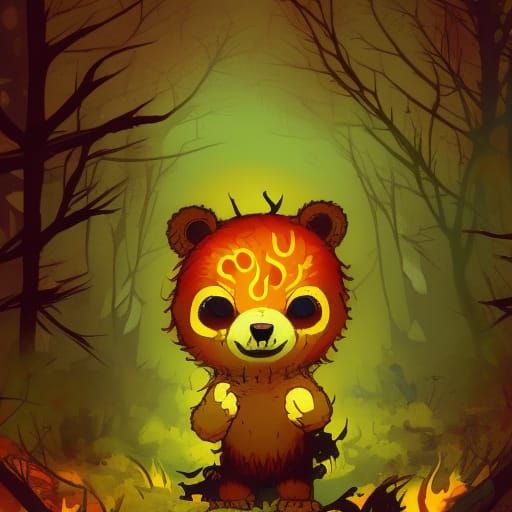 Fiery Chibi Bear in Spooky Forest, Digital Illustration