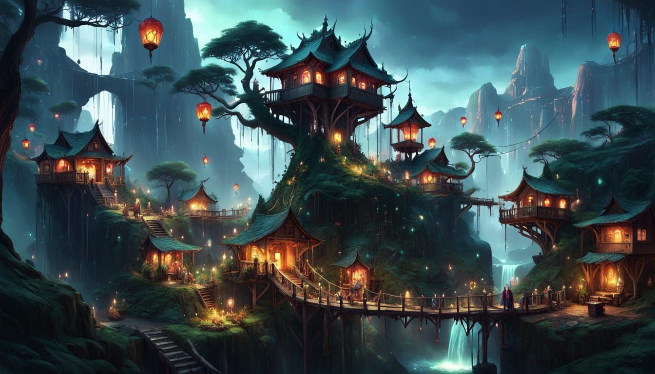 Enchanted Elven Village Under Starlight