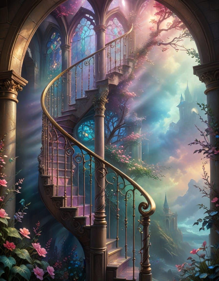Stained Glass Spiral Staircase Window in Ethereal Fantasy St...