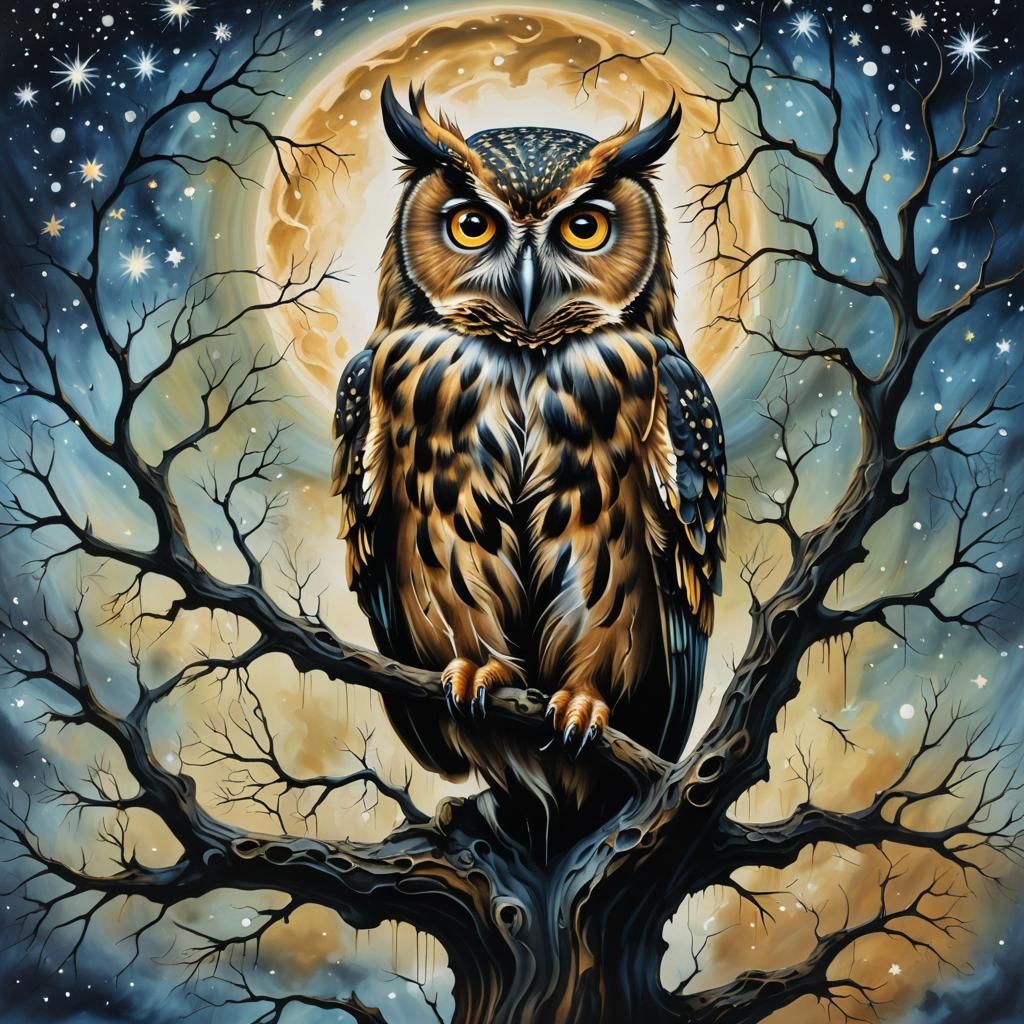 Surreal Owl in Starry Night Airbrush Painting