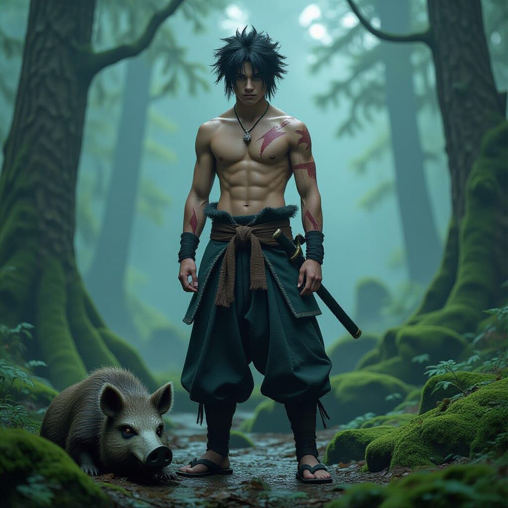 Demon Slayer in Misty Forest, Dark Fantasy Style