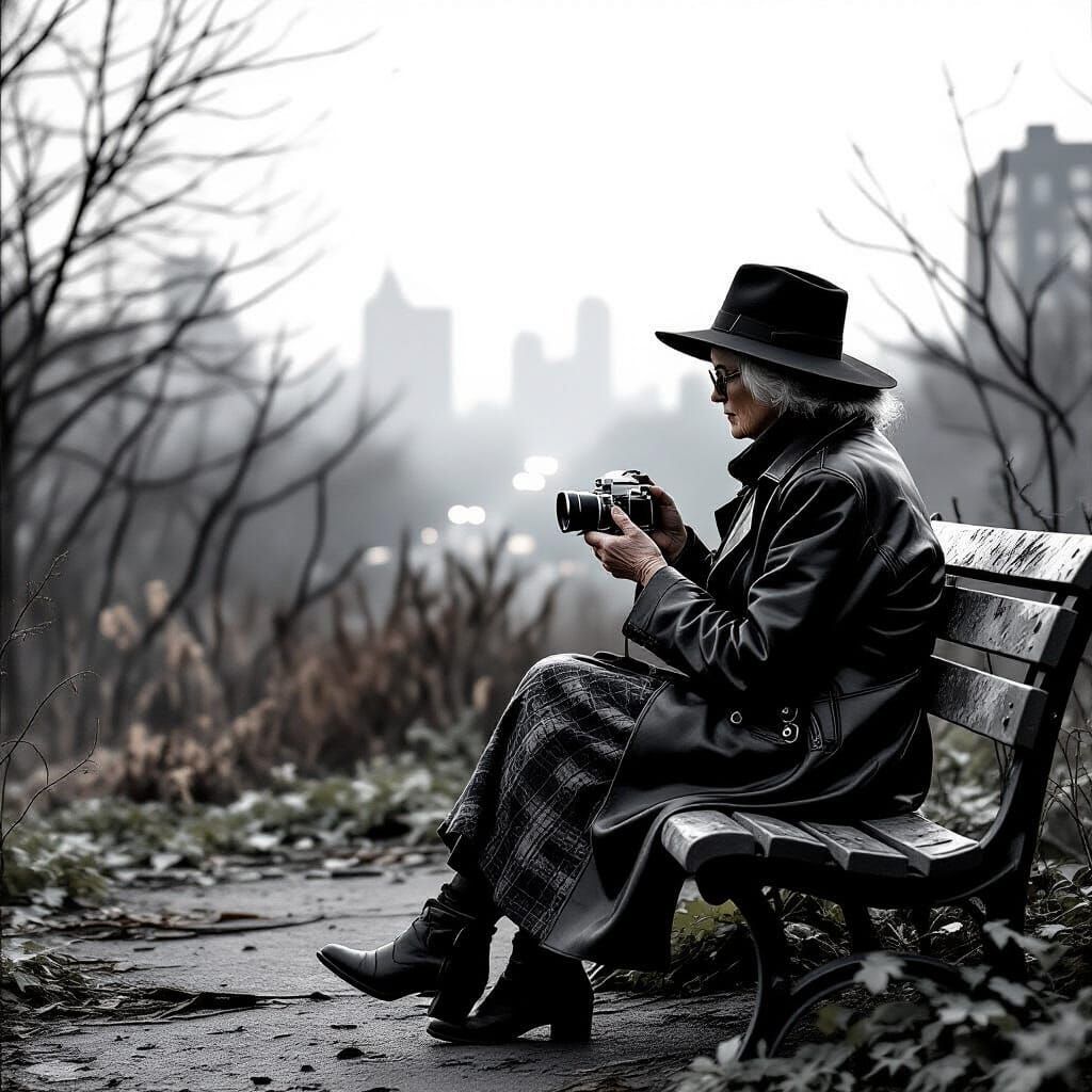 Elderly Woman in Post-Apocalyptic Cityscape with Vintage Cam...