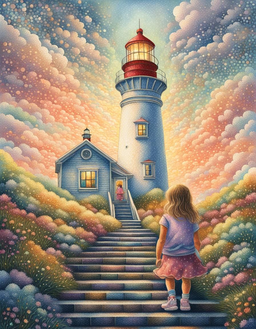 Lighthouse Pointillism: Two Girls in a Pastel Dream