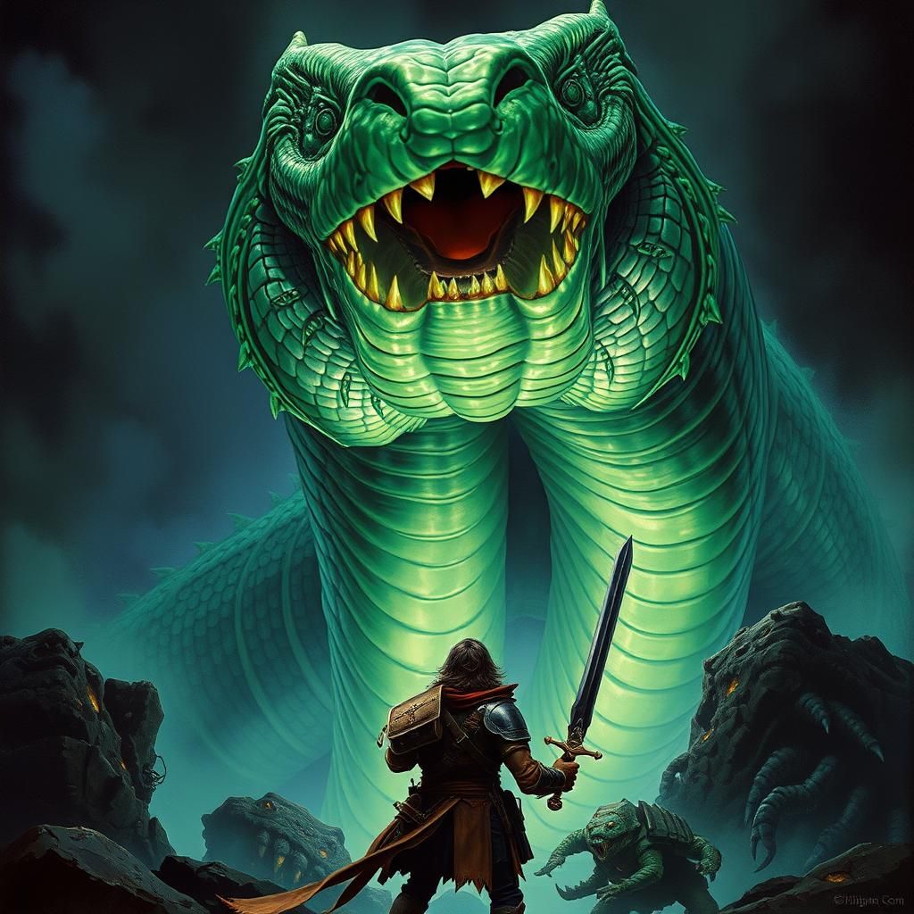 Emerald Serpent Threatens Adventurer in Eerie Biomechanical ...