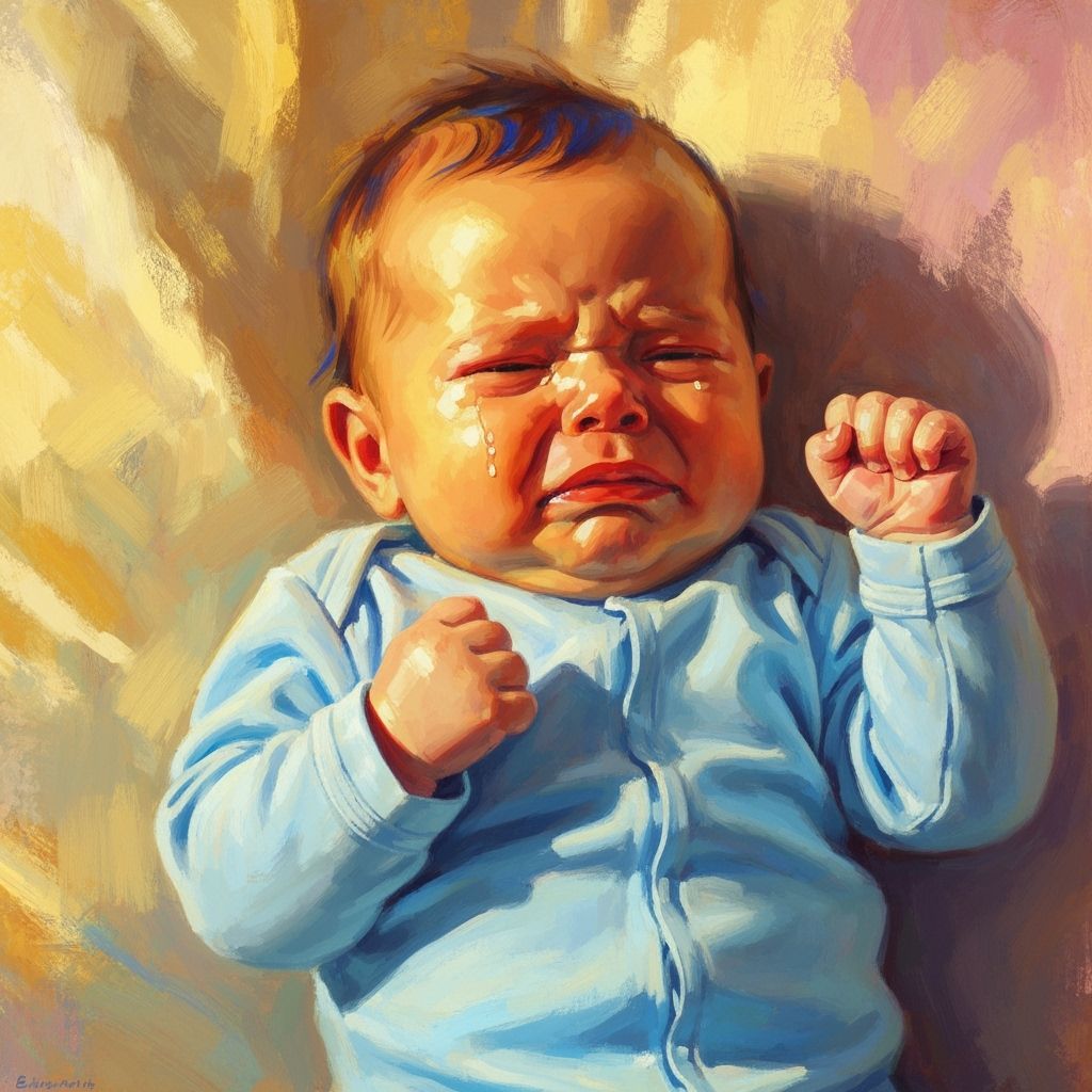 Infant's Distress: Impressionist Painting in Golden Light