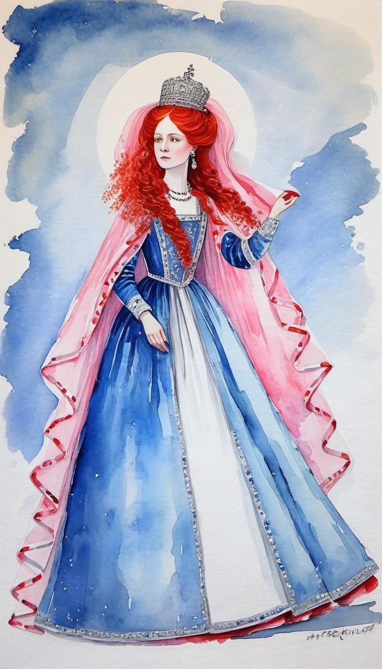 Tsarina with Red Hair in Pre-Petrine Era Ink Painting