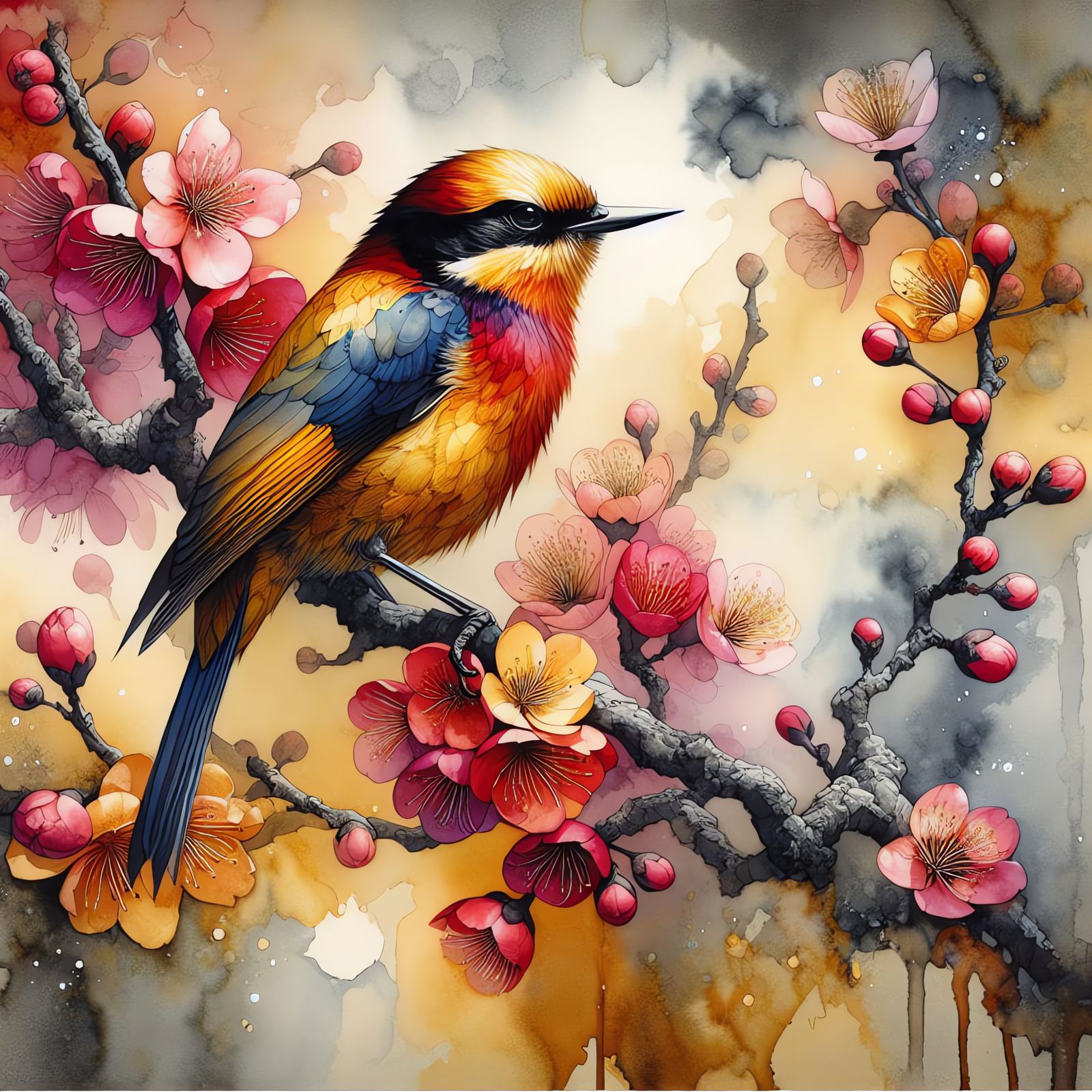 Watercolor Bird Amidst Cherry Blossoms in Bloom