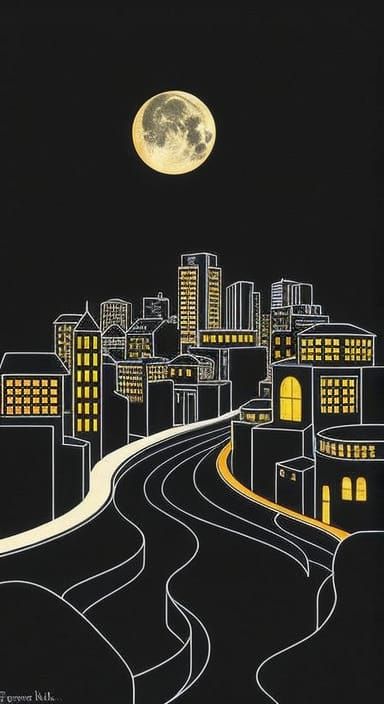 Abstract Sleeping City: Minimalist Line Art with Gold Accent...