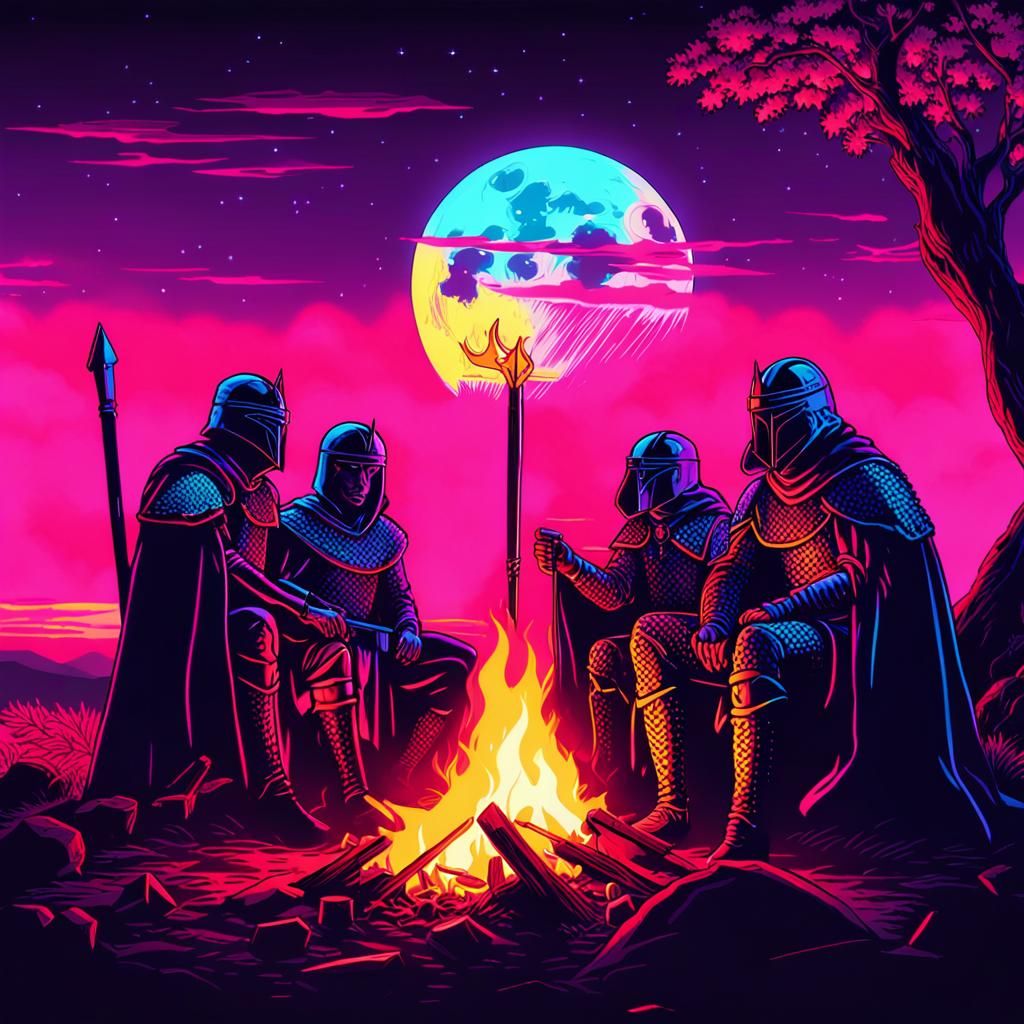 Synthwave Warriors Gather by Moonlit Campfire