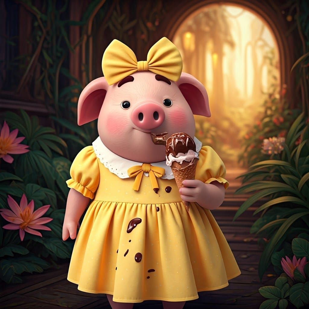 Pig in Yellow Dress Enjoys Chocolate Ice Cream