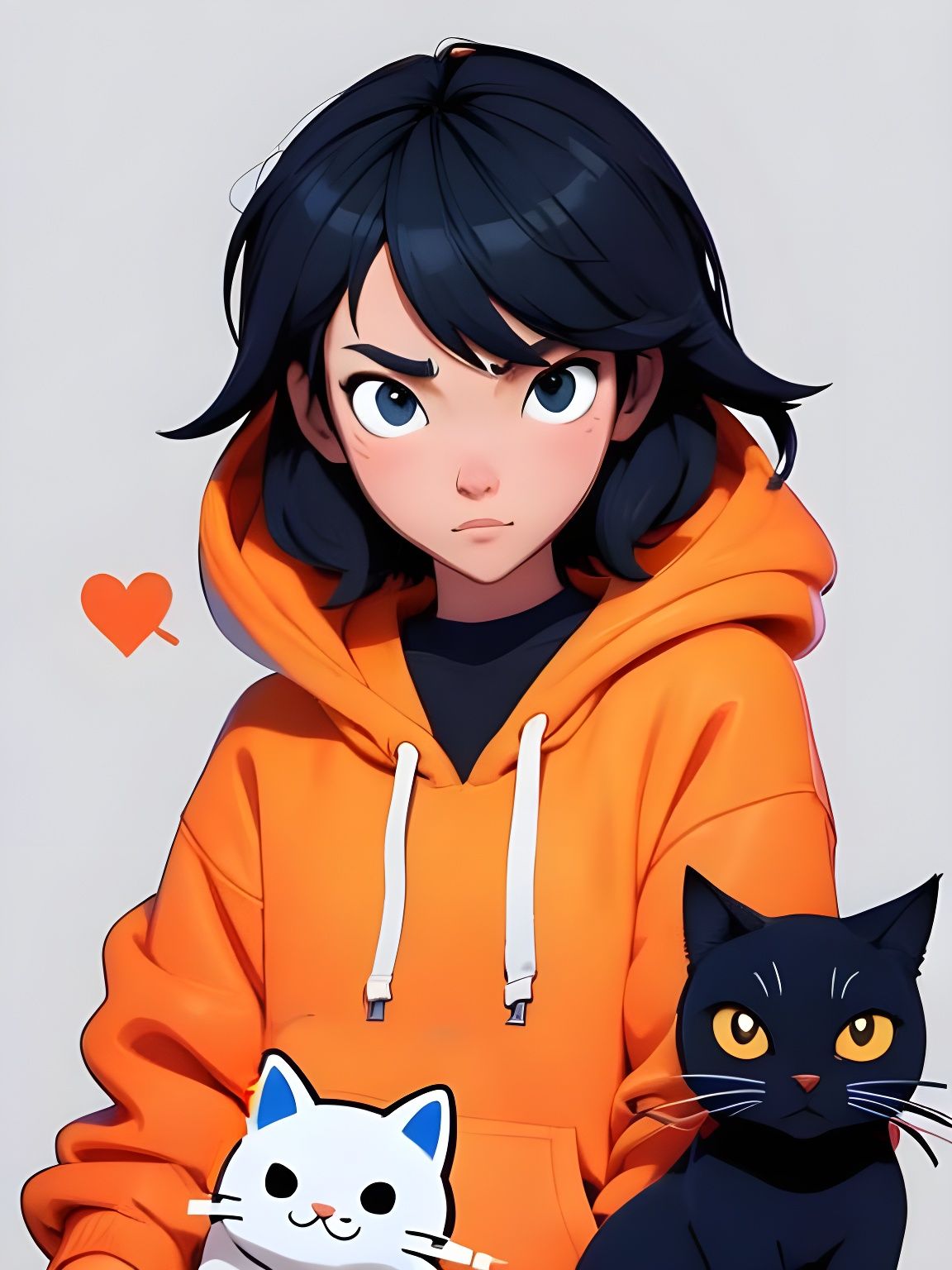Anime Girl Surrounded by Cats in Doodle Style