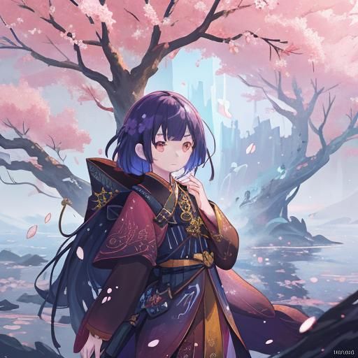 Girl with Aura and Sakura Blossoms, Digital Art