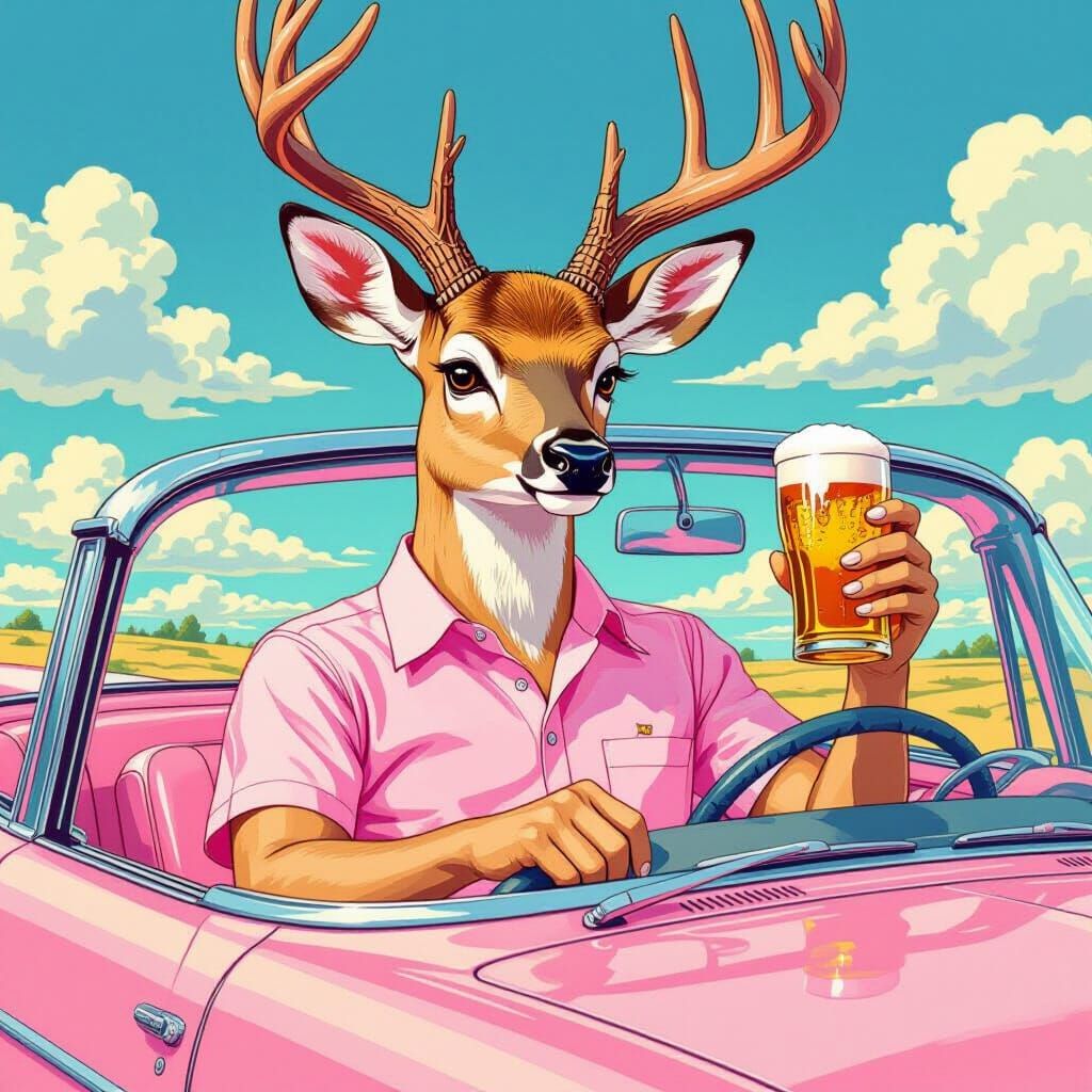 Deer Driving Vintage Car with Beer, Murakami & Jean Style