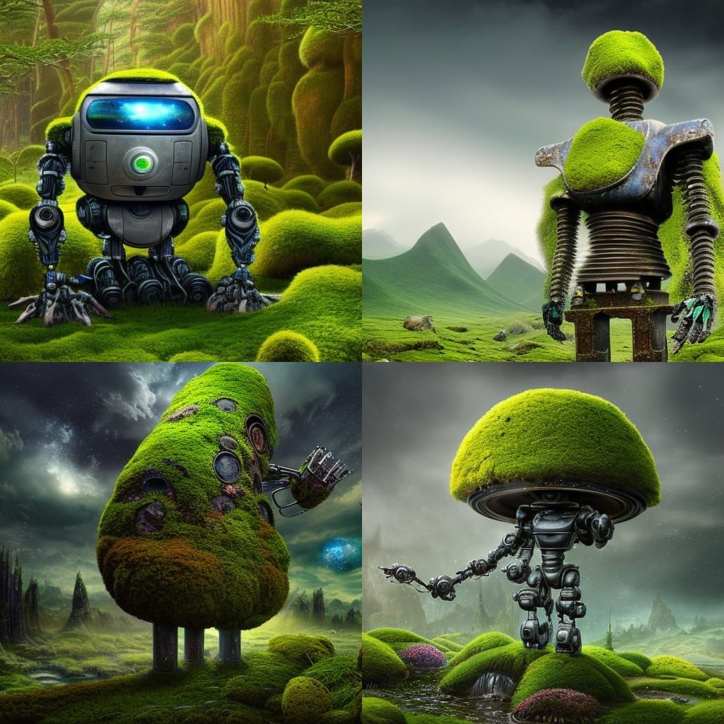 Moss-Covered Robot in Surreal Landscape