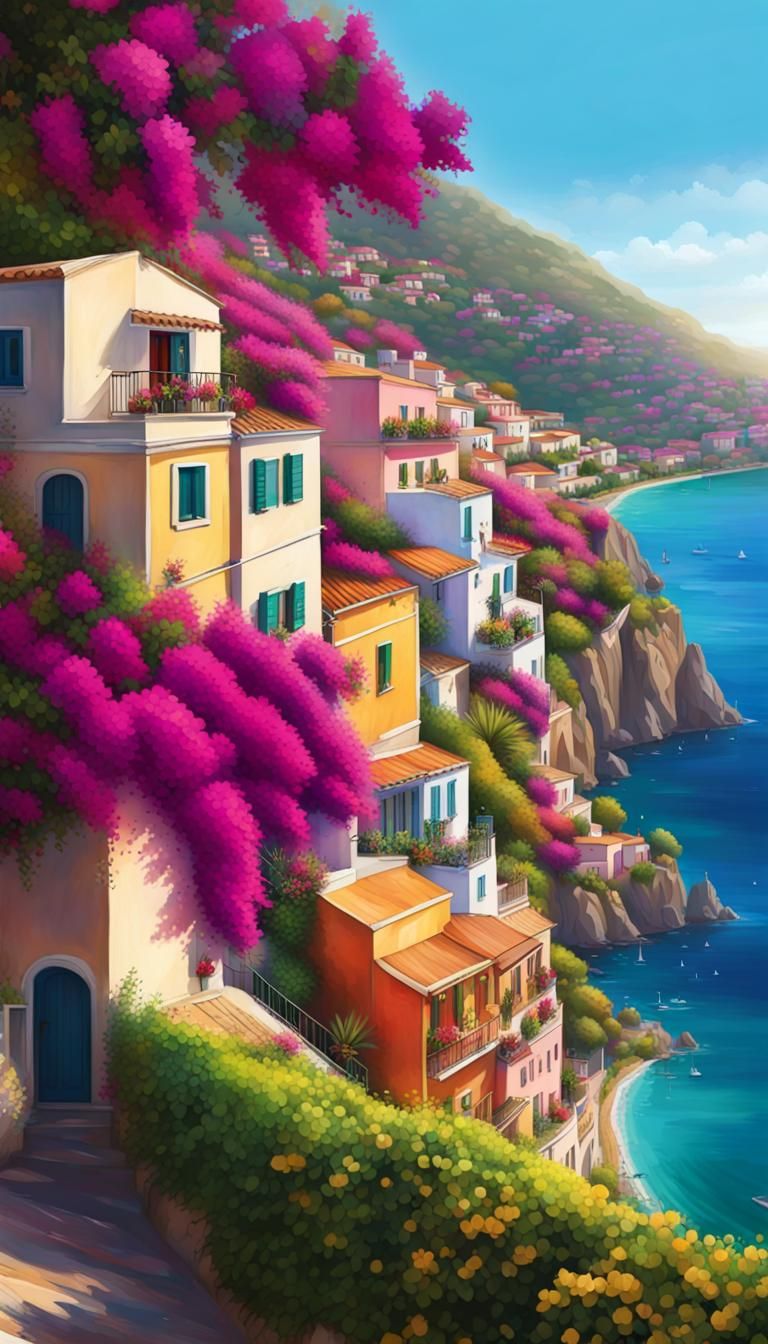 Picturesque Amalfi Coast Town with Bougainvilleas in 8K