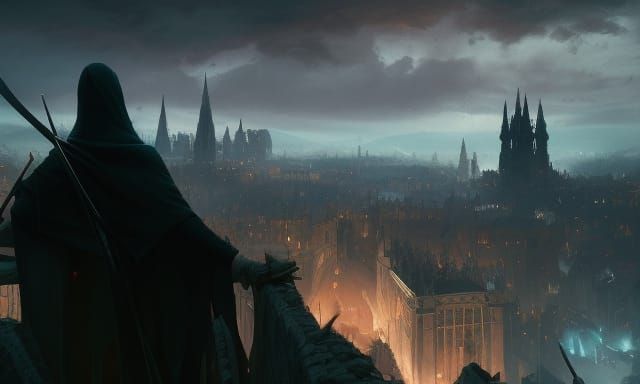 Fantasy Archer Overlooks Gothic City in Dark Fantasy Style