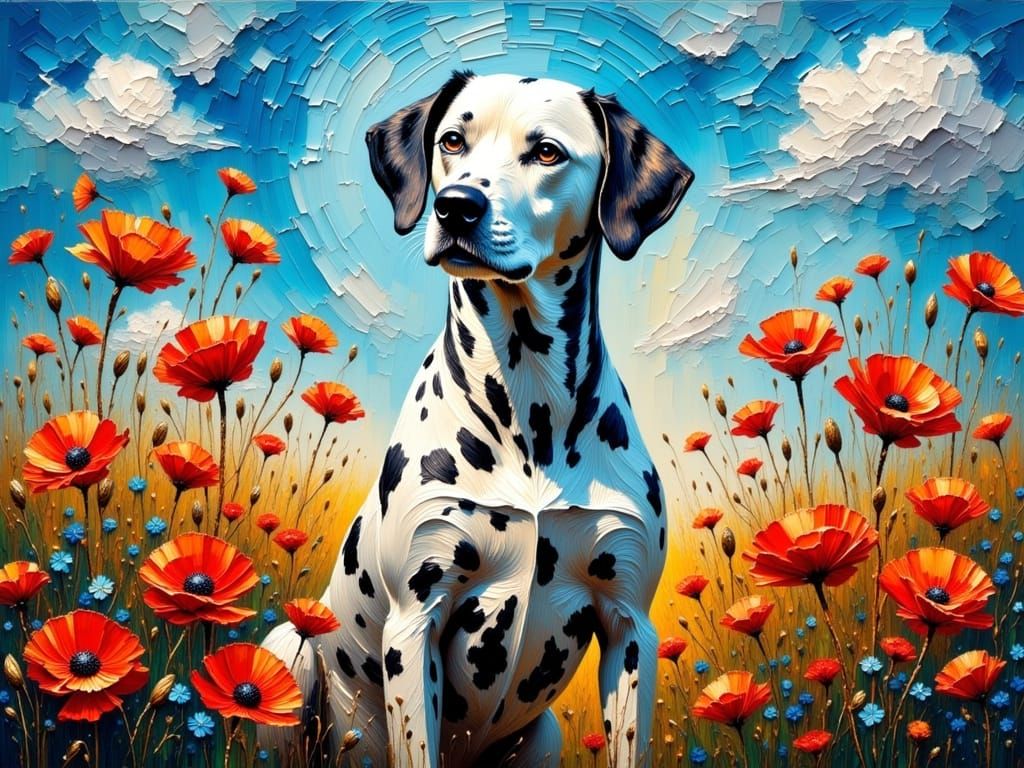 Vibrant Dalmatian in Whimsical Floral Scene, Impasto Oil Pai...