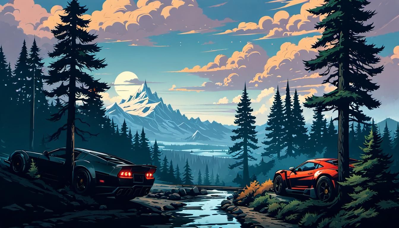 Sports Car Drifting in Scenic Valley, Comic Art
