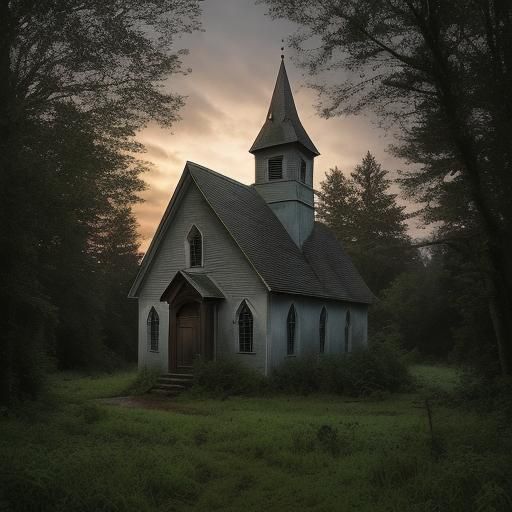 Abandoned Rural Church at Dusk After Rain