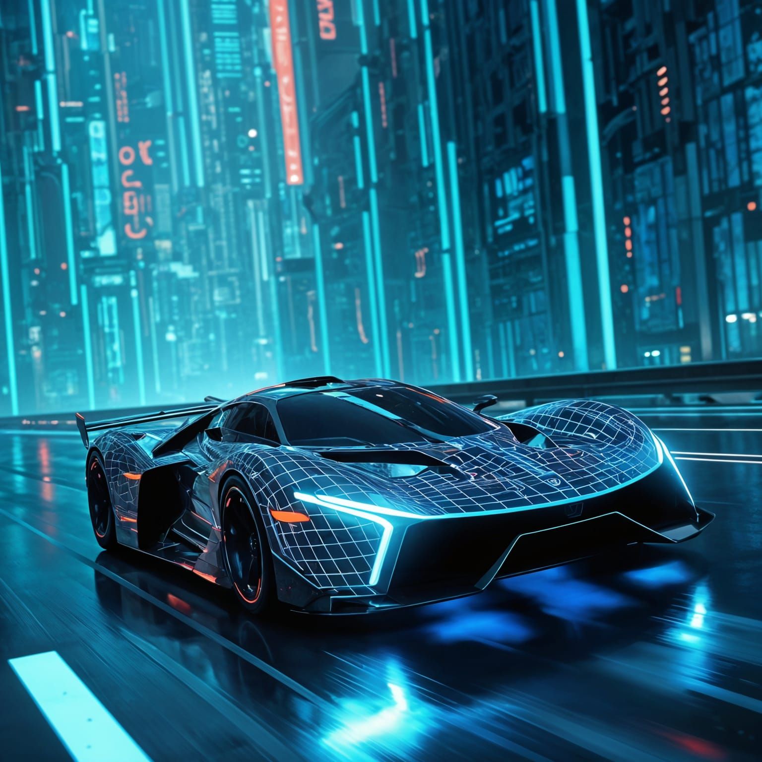 Tron Supercar Speeds Through Neon Cityscape