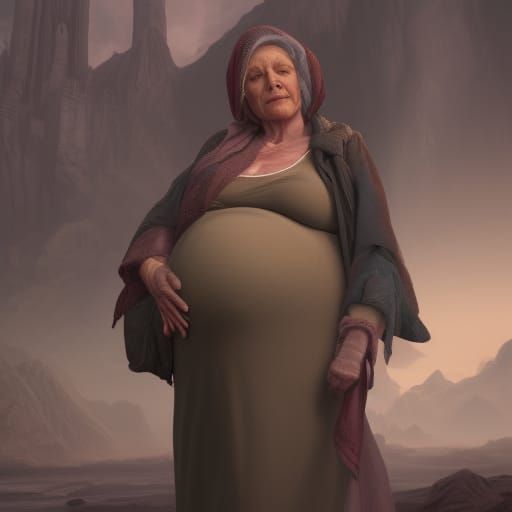 Fantastical Pregnant Old Woman in Detailed Matte Painting