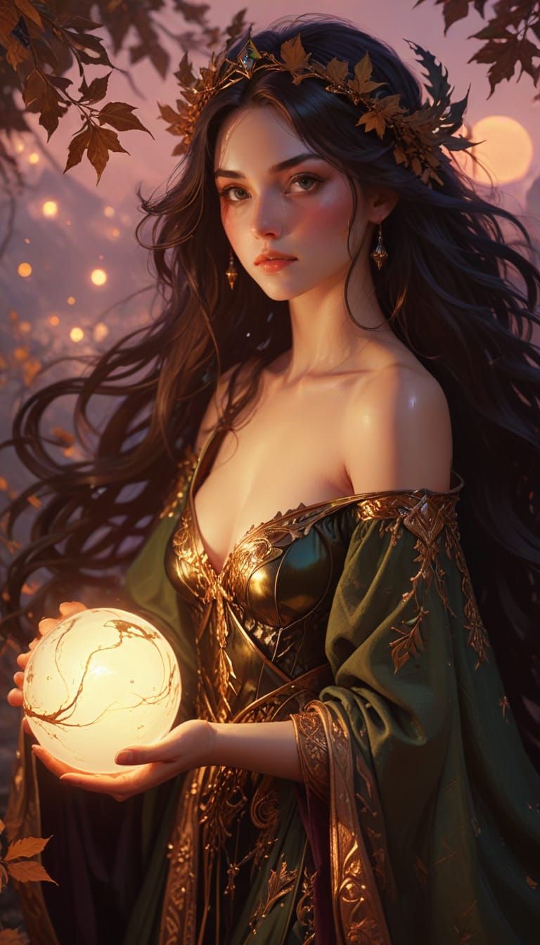 Young Witch with Crystal Ball in Alchemic Lab