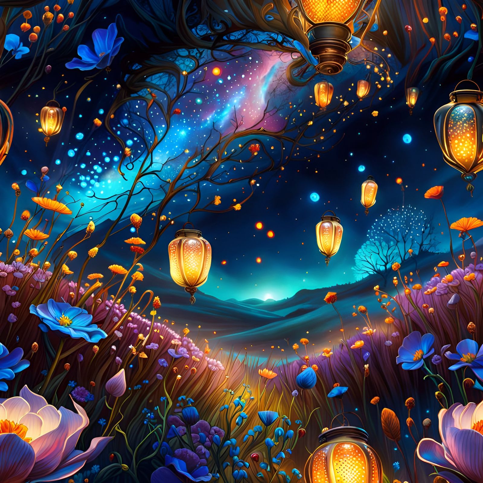 Glowing Lanterns Above Bioluminescent Flower Field