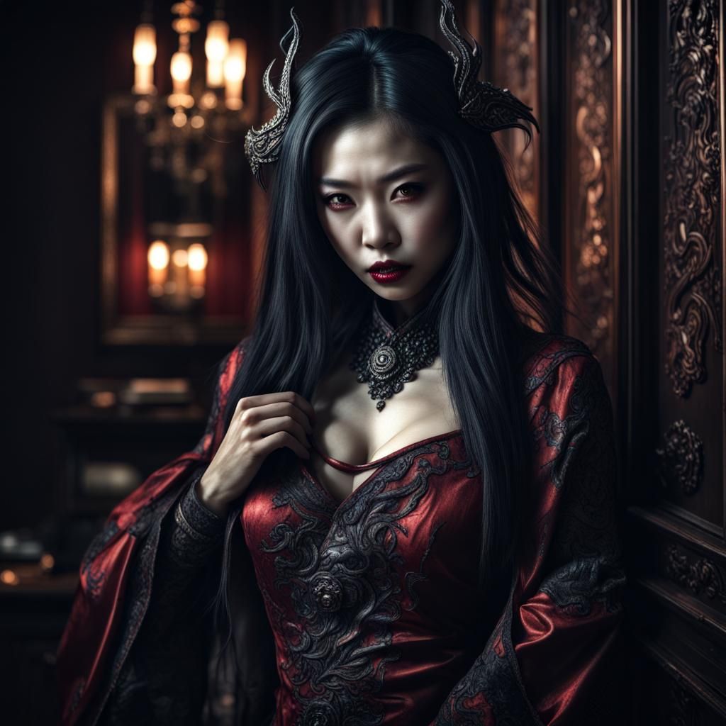 Ominous Asian Vampire in Silk: Hyperrealistic Portrait