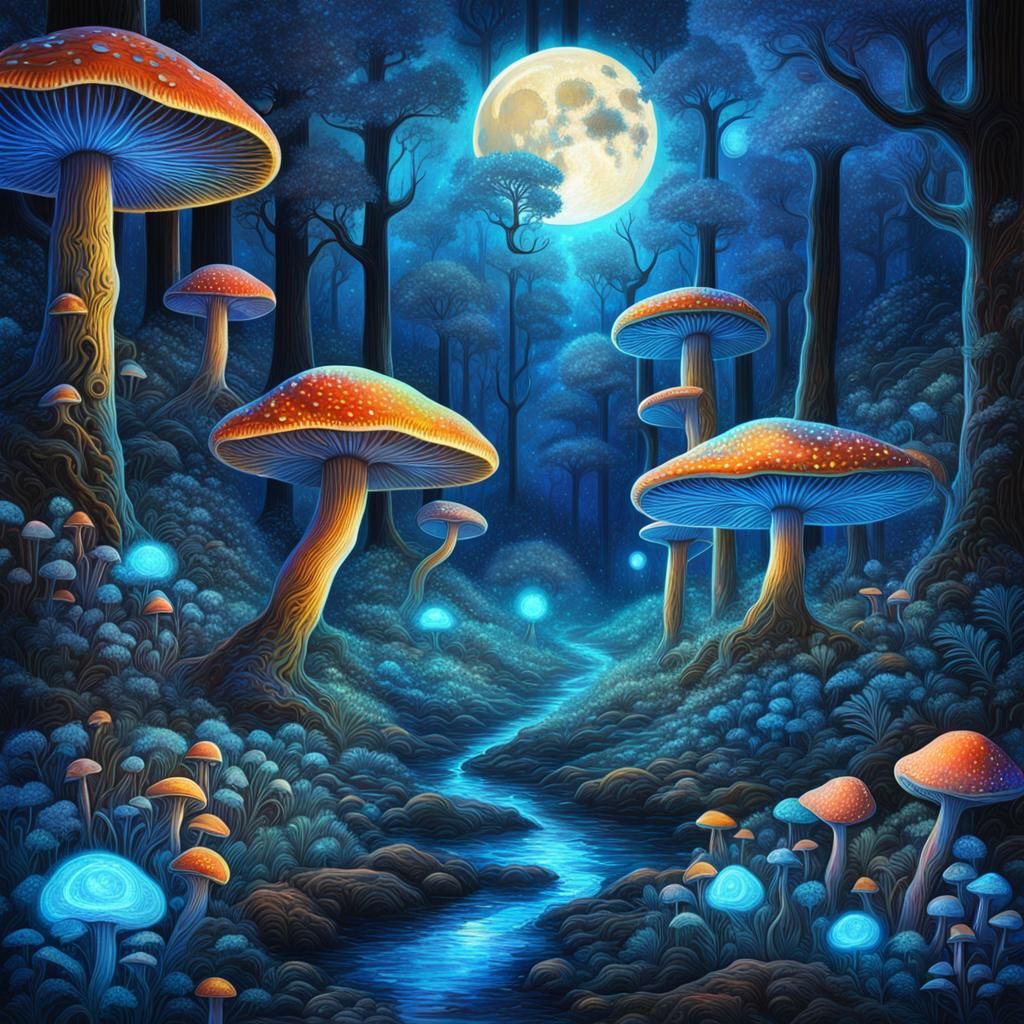 Luminescent Mushrooms in Moonlit Forest: Astral Illustration