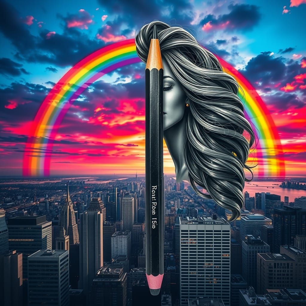 Pencil Transforms Into Lady Over NYC Skyline