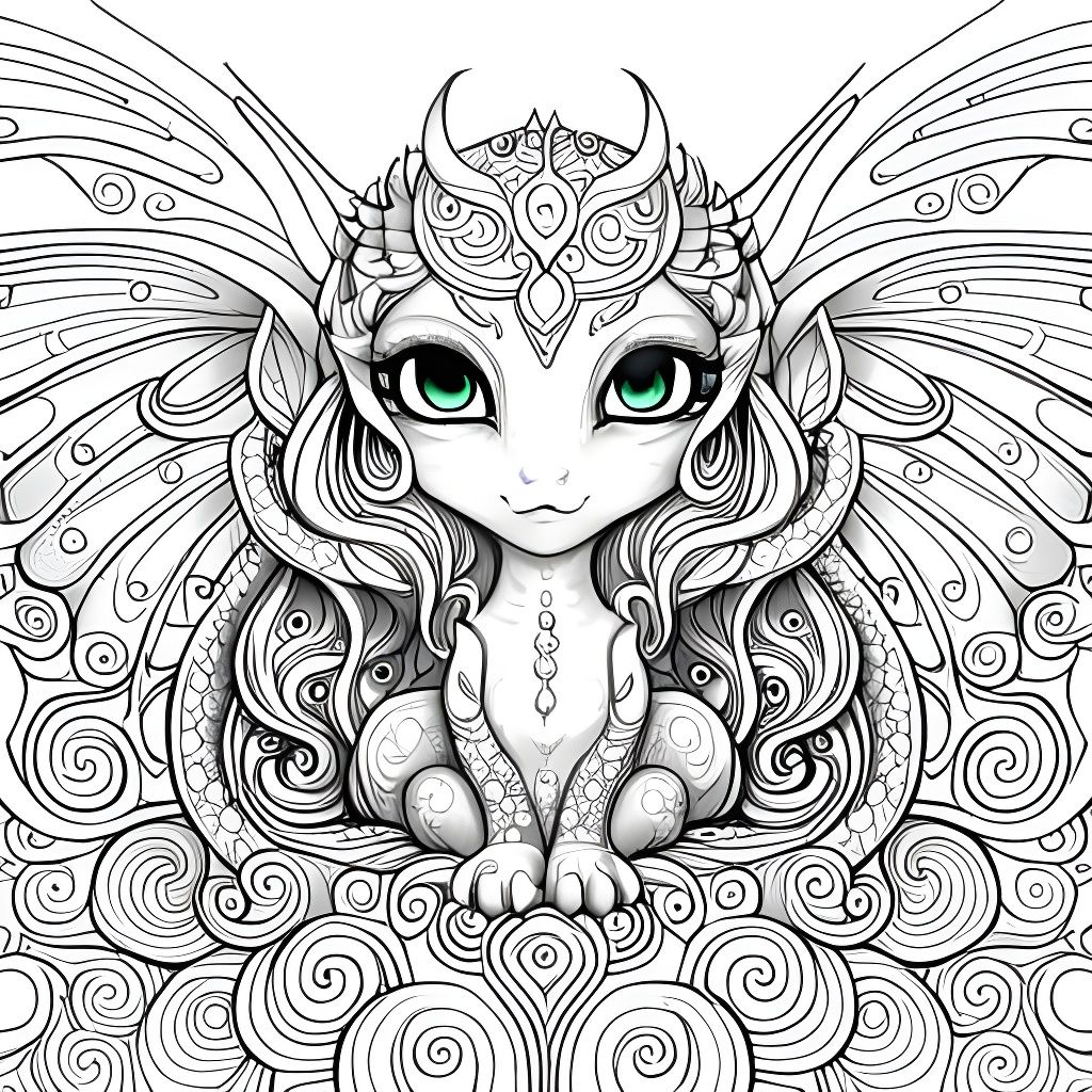 Adorable Chibi Dragon Coloring Page for Adults