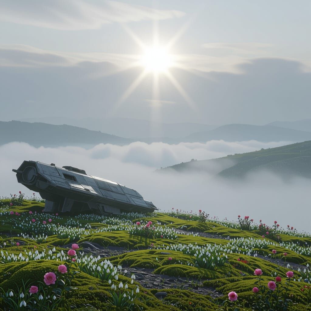 Misty Plateau with Spaceship and Spring Blooms