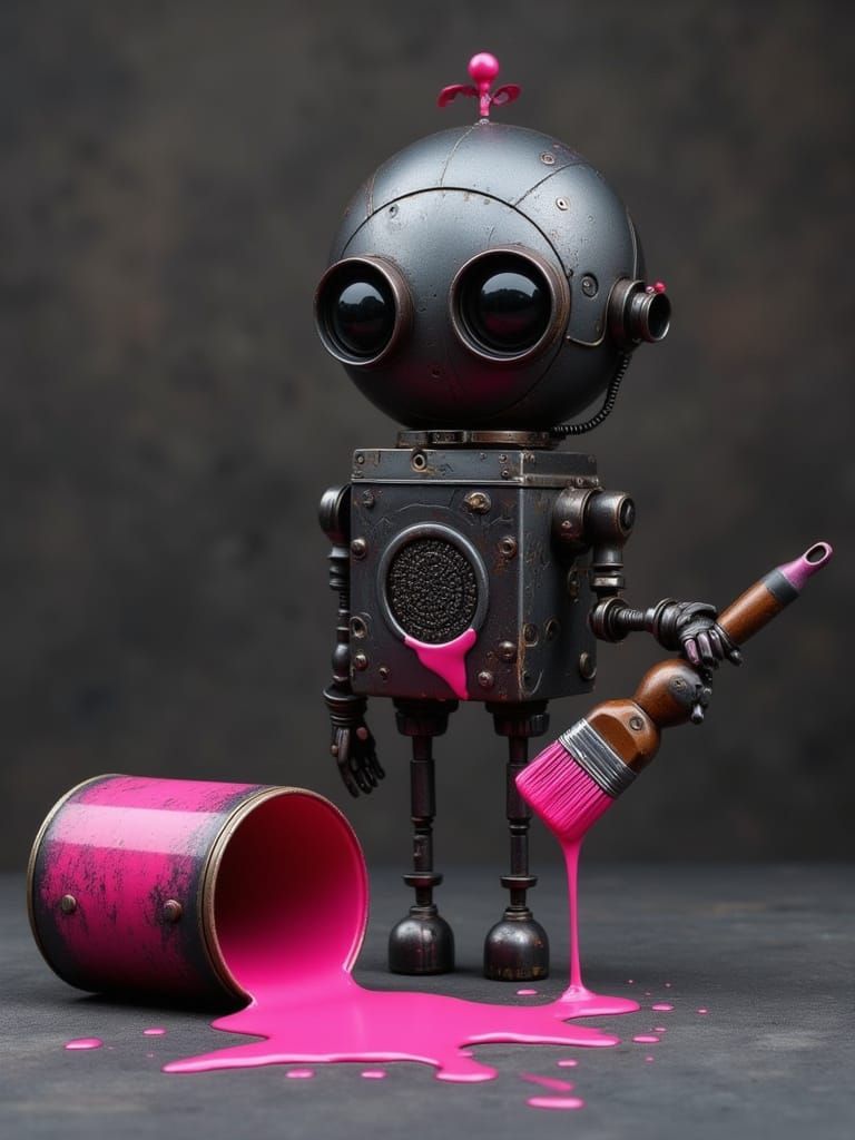Vintage Robot with Dripping Brush in Industrial Pop Art